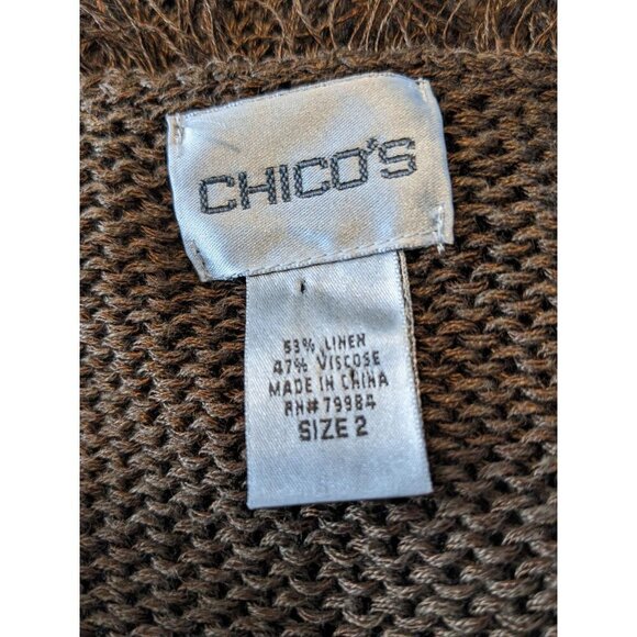 Chicos Womens Button Front Fringed Cardigan Size Medium Brown Knit Linen Blend - Picture 6 of 7